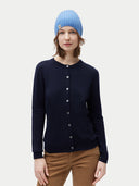 Unisex Cashmere Rib Knit Hat Blue worn by model, front view on white background