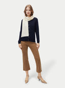 Unisex Cashmere Fisherman Knit Scarf White worn by model, detail view on white background