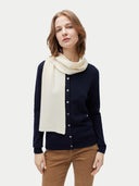 Unisex Cashmere Fisherman Knit Scarf White worn by model, detail view on white background