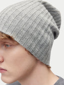 Unisex Cashmere Rib Knit Hat Vapor Blue  worn by model, detail view on white background
