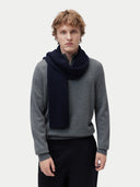 Unisex Cashmere Fisherman Knit Scarf Navy Blazer worn by model, detail view on white background