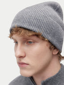 Unisex Cashmere Rib Knit Beanie Dim Gray  worn by model, detail view on white background