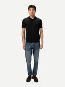 Men Classic Polo Shirt with Short Sleeve Black  worn by model, front view on white background