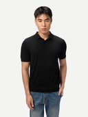 Men Classic Polo Shirt with Short Sleeve Black  worn by model, detail view on white background