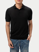 Men Classic Polo Shirt with Short Sleeve Black  worn by model, detail view on white background