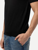 Men Classic Polo Shirt with Short Sleeve Black  worn by model, detail view on white background