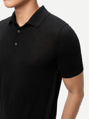 Men Classic Polo Shirt with Short Sleeve Black  worn by model, detail view on white background