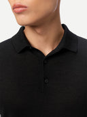 Men Classic Polo Shirt with Short Sleeve Black  worn by model, detail view on white background