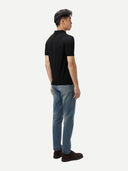 Men Classic Polo Shirt with Short Sleeve Black  worn by model, back view on white background