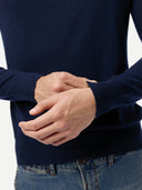 Men's Cashmere Silk C-Neck Sweater Mood Ingdigo worn by model, detail view on white background