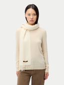 Organic Colour Cashmere Woven Scarf Off White worn by model, detail view on white background