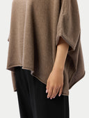 Women's Taupe Cashmere  Knitted Poncho worn by model, detail view, on white background