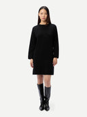 Women's Seamless Crewneck Cashmere Dress Black worn by model front view on white background