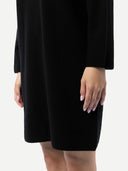 Women's Seamless Crewneck Cashmere Dress Black worn by model detail view on white background
