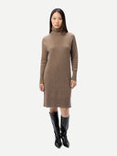 Women's  Seamless Turtleneck Cashmere Dress Taupe worn by model front view on white background