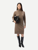 Women's  Seamless Turtleneck Cashmere Dress Taupe worn by model front view on white background