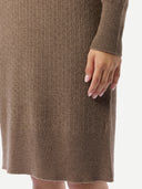 Women's  Seamless Turtleneck Cashmere Dress Taupe worn by model detail view on white background