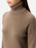 Women's  Seamless Turtleneck Cashmere Dress Taupe worn by model detail view on white background