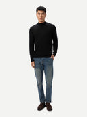 Men Cashmere Silk High Neck  Sweater Black worn by model, front view on white background