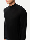 Men Cashmere Silk High Neck  Sweater Black worn by model, detail view on white background