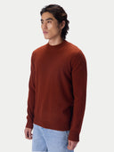 A man wearing a rust-brown knit crewneck sweater and light blue jeans, photographed against a clean light gray studio background.