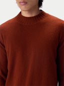 A close-up of a person wearing a ribbed mock neck sweater in a warm rust or burnt orange color, shown against a plain light background.