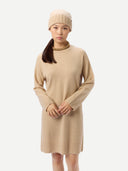 Women's Seamless Crewneck Cashmere Dress Beige worn by model detail view on white background