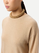 Women's Seamless Crewneck Cashmere Dress Beige worn by model detail view on white background