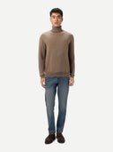 Men's Taupe Turtleneck Cashmere Sweater worn by model, front view on white background