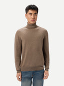 Men's Taupe Turtleneck Cashmere Sweater worn by model, detail view on white background