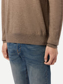Men's Taupe Turtleneck Cashmere Sweater worn by model, detail view on white background