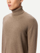 Men's Taupe Turtleneck Cashmere Sweater worn by model, detail view on white background