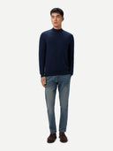 Men Cashmere Silk High Neck  Sweater Mood Indigo worn by model, front view on white background