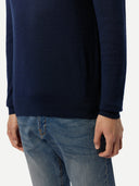 Men Cashmere Silk High Neck  Sweater Mood Indigo worn by model, detail view on white background