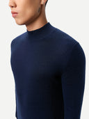 Men Cashmere Silk High Neck  Sweater Mood Indigo worn by model, detail view on white background