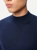 Men Cashmere Silk High Neck  Sweater Mood Indigo worn by model, detail view on white background