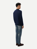 Men Cashmere Silk High Neck  Sweater Mood Indigo worn by model, back view on white background