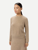 Women's Cropped Crewneck Cashmere Sweater Warm Grey worn by model, detail view on white background