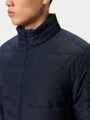 Men's CashmereTECH Jacket Navy Blazer worn by model, detail view on white background #color_navy