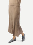 Women's Calf-Length Cashmere Skirt Warm Grey worn by model, side view on white background