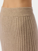 Women's Calf-Length Cashmere Skirt Warm Grey worn by model, detail view on white background