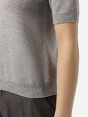 Women's Short-Sleeve Cashmere Sweater Grey worn by model, detail view on white background