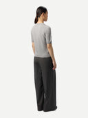 Women's Short-Sleeve Cashmere Sweater Grey worn by model, back view on white background