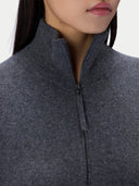 Close-up of a person wearing a dark gray ribbed knit zip-up sweater with a high stand collar.