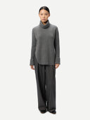Women's Cashmere Sweater with Detachable Collar Stone Gray worn by model, front view on white background