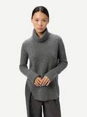 Women's Cashmere Sweater with Detachable Collar Stone Gray worn by model, detail view on white background