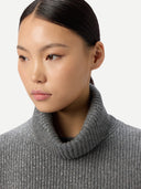 Women's Cashmere Sweater with Detachable Collar Stone Gray worn by model, detail view on white background