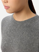 Women's Cashmere Sweater with Detachable Collar Stone Gray worn by model, detail view on white background