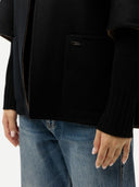 Women's Patch Pocket Cashmere Poncho Jacket Dark Navy worn by model detail view on white background