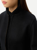 Women's Patch Pocket Cashmere Poncho Jacket Dark Navy worn by model detail view on white background